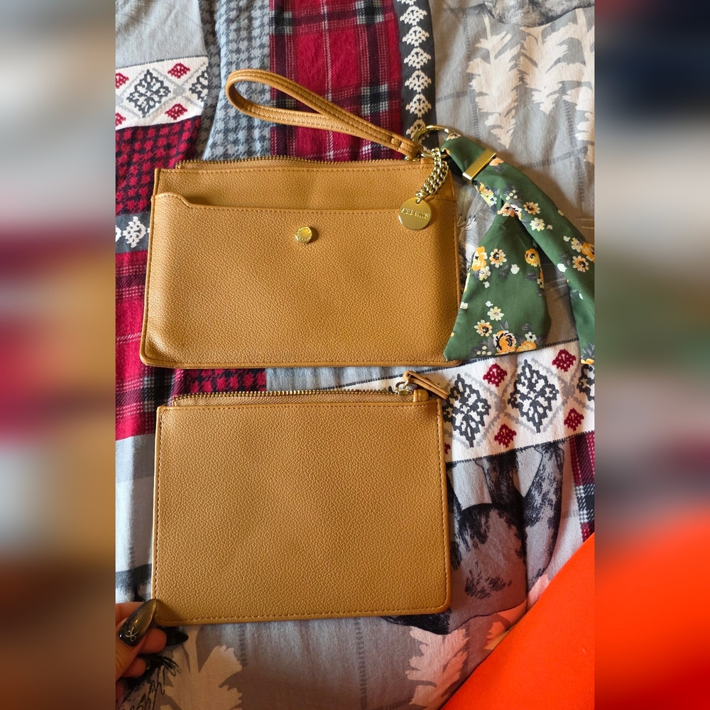 Tan Wristlet Clutch with Floral Scarf Accent
